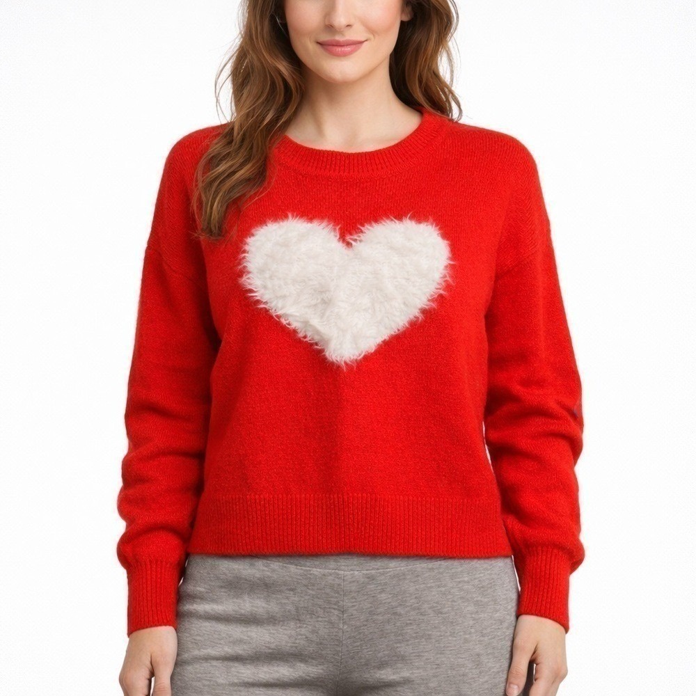 Sincerely Jules Red Heart Sweater Faux Fur Appliqué Cozy Knit Pullover Women's M